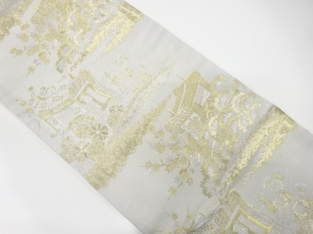 JAPANESE KIMONO / ANTIQUE FUKURO OBI / WOVEN CARRIAGE & FLOWER